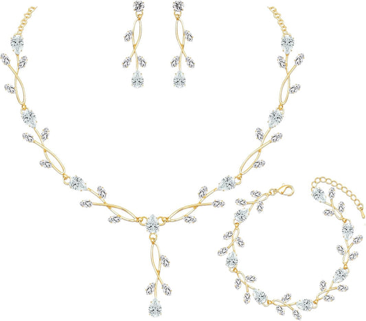 Elegant Bridal Jewelry Sets Clear Cubic Zirconia Wedding Necklace Earrings Bracelet Set for Birdes Bridesmaids CZ Prom Jewelry