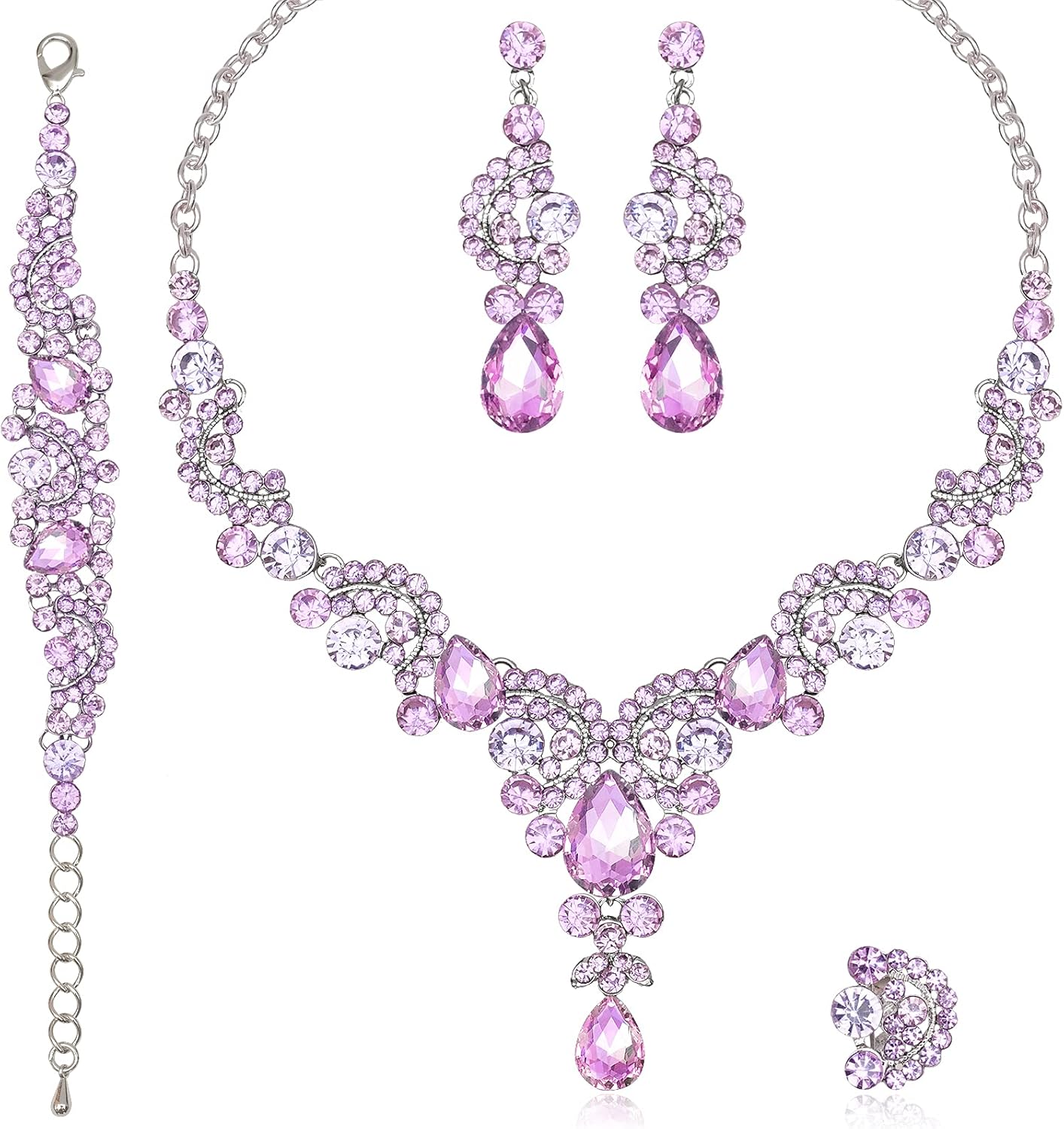 CSY Elegant Crystal Necklace Earrings Bracelet Ring Bridal Wedding Party Costume Jewelry Sets for Brides Women