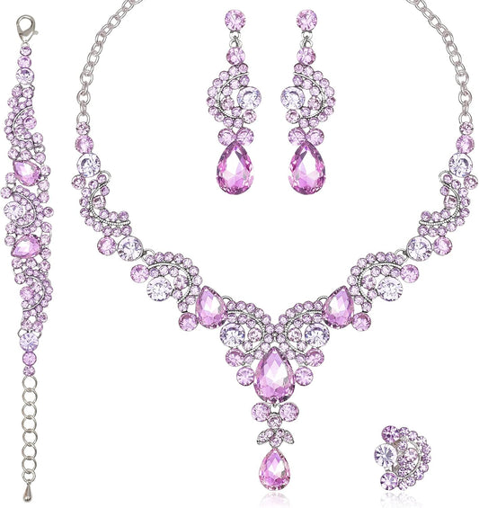 CSY Elegant Crystal Necklace Earrings Bracelet Ring Bridal Wedding Party Costume Jewelry Sets for Brides Women