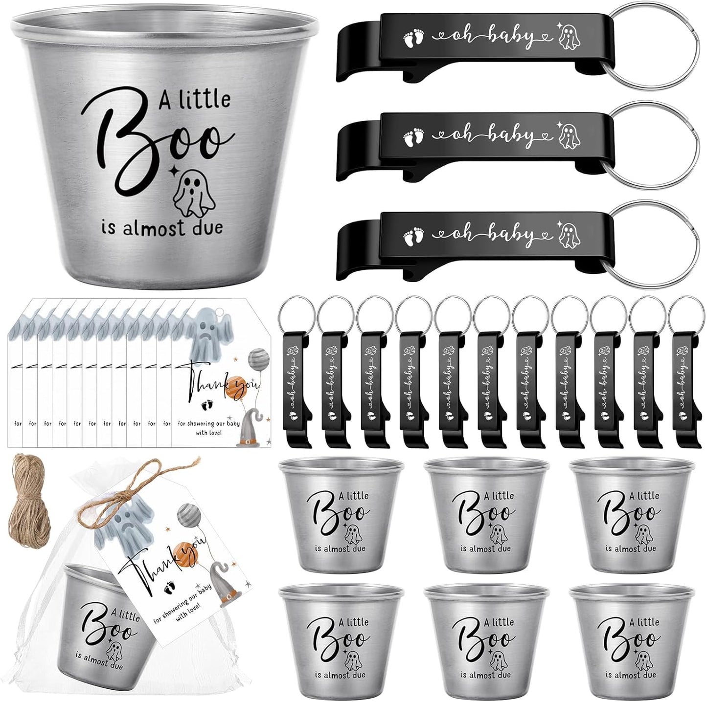Vesici 25 Sets 50 Sets Baby Shower Favors 1.5 oz Stainless Steel Shot Glasses Cute Bottle Opener Keychains Thank You Tags Bags Halloween/Fall/Gender Reveal Party Return Gift Guest (Black)