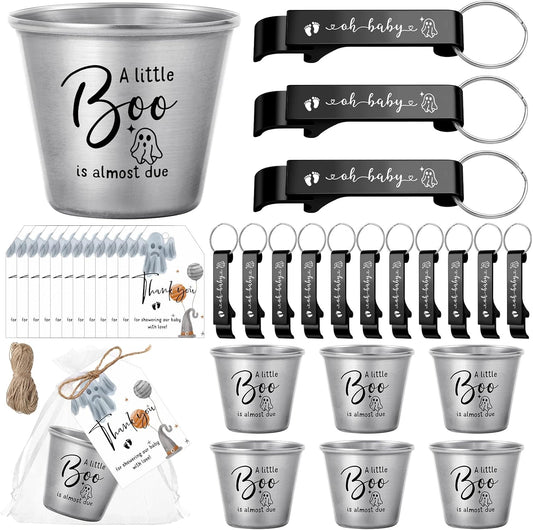 Vesici 25 Sets 50 Sets Baby Shower Favors 1.5 oz Stainless Steel Shot Glasses Cute Bottle Opener Keychains Thank You Tags Bags Halloween/Fall/Gender Reveal Party Return Gift Guest (Black)