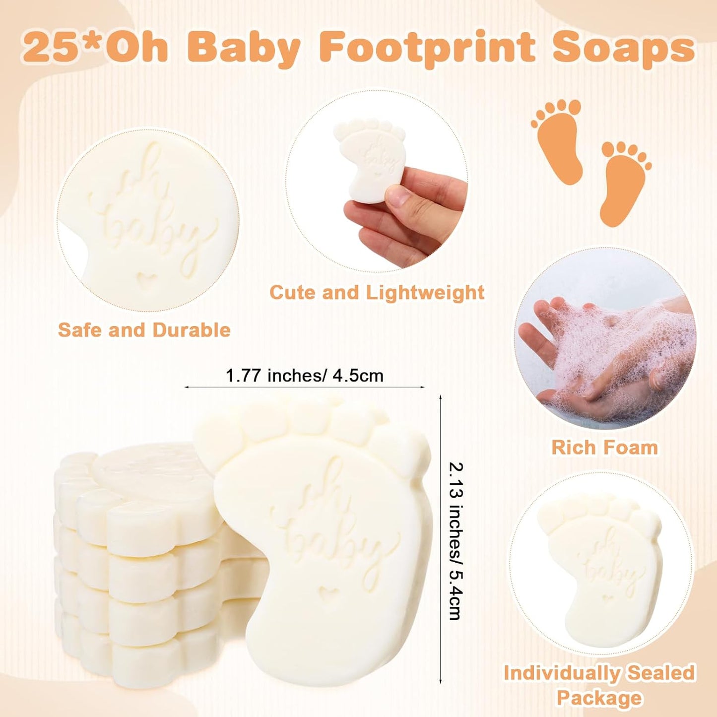25 Sets Baby Shower Soap Favors for Guests Girl Boy Mini Footprint Handmade Scented Soaps with Thank You Tags and Organza Bags for Shower Gender Reveal Party Favors(White,Baby Feet)