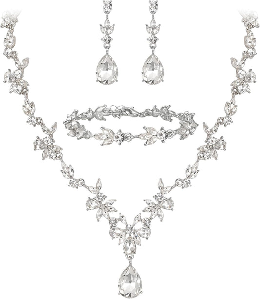 BriLove Wedding Jewelry Set for Women Bride, Y-Necklace Tennis Bracelet Dangle Earrings Crystal Teardrop Marquise Cluster for Bridal Bridesmaid