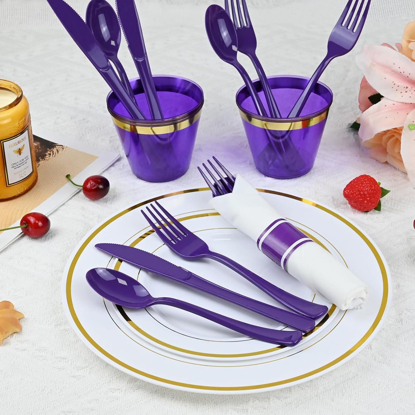 100 Pack Pre Rolled Purple Plastic Silverware with Napkins - Disposable Cutlery Set with Forks, Knives, Spoons & Linen-Like Dinner Napkins, Wrapped Plastic Utensils for Weddings, Parties & Events