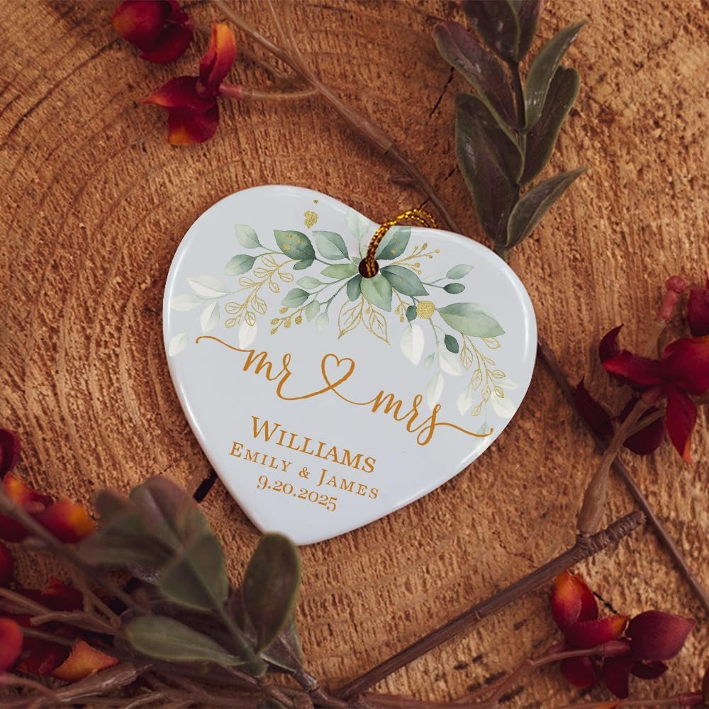 Personalized Mr and Mrs Wedding Ornament with Last Name and Date, Custom Heart Botanical Christmas Keepsake for Newlyweds – Romantic Wedding Gifts for Couple
