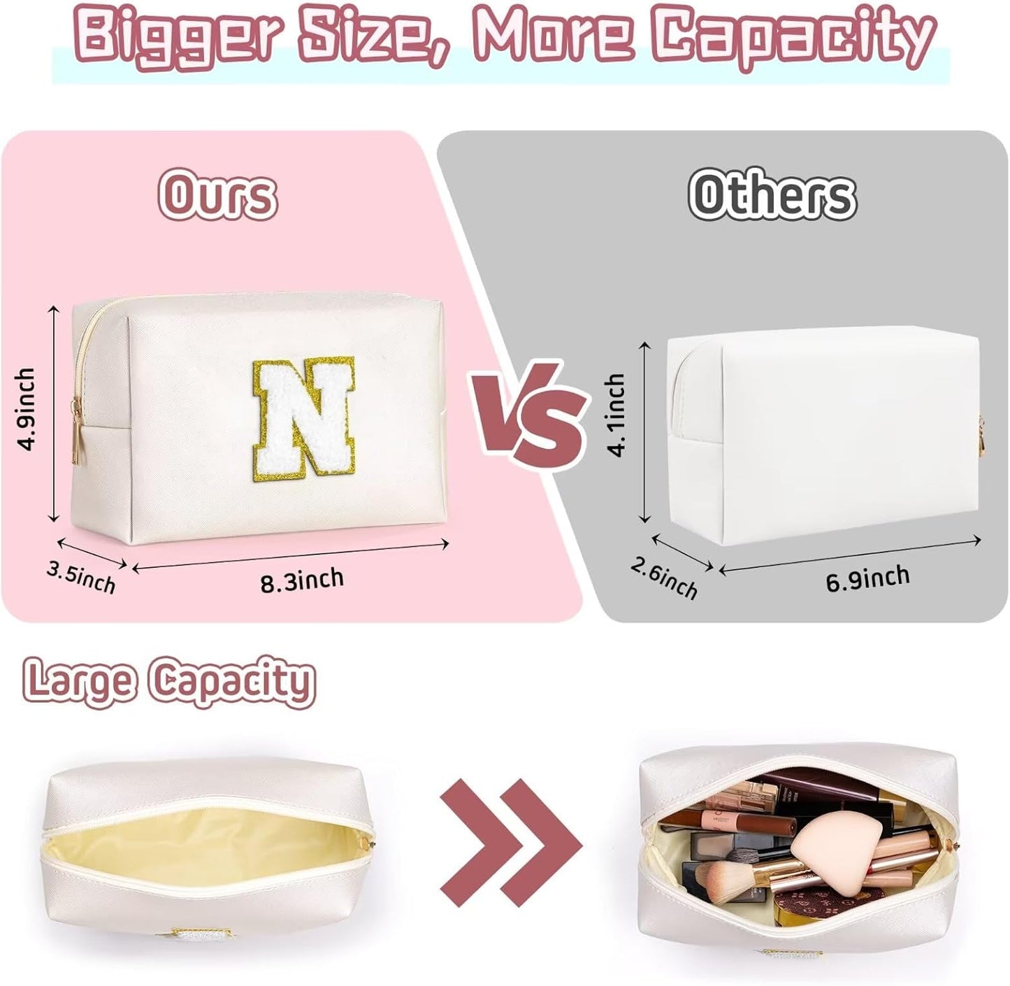 TOPEAST Initial Makeup Bags for Women, Personalized Portable Cosmetic Bag with Zipper, Cute Makeup Pouch, Bridesmaid Gifts for Wedding Day, Teen Girl Trendy Stuff(White X)