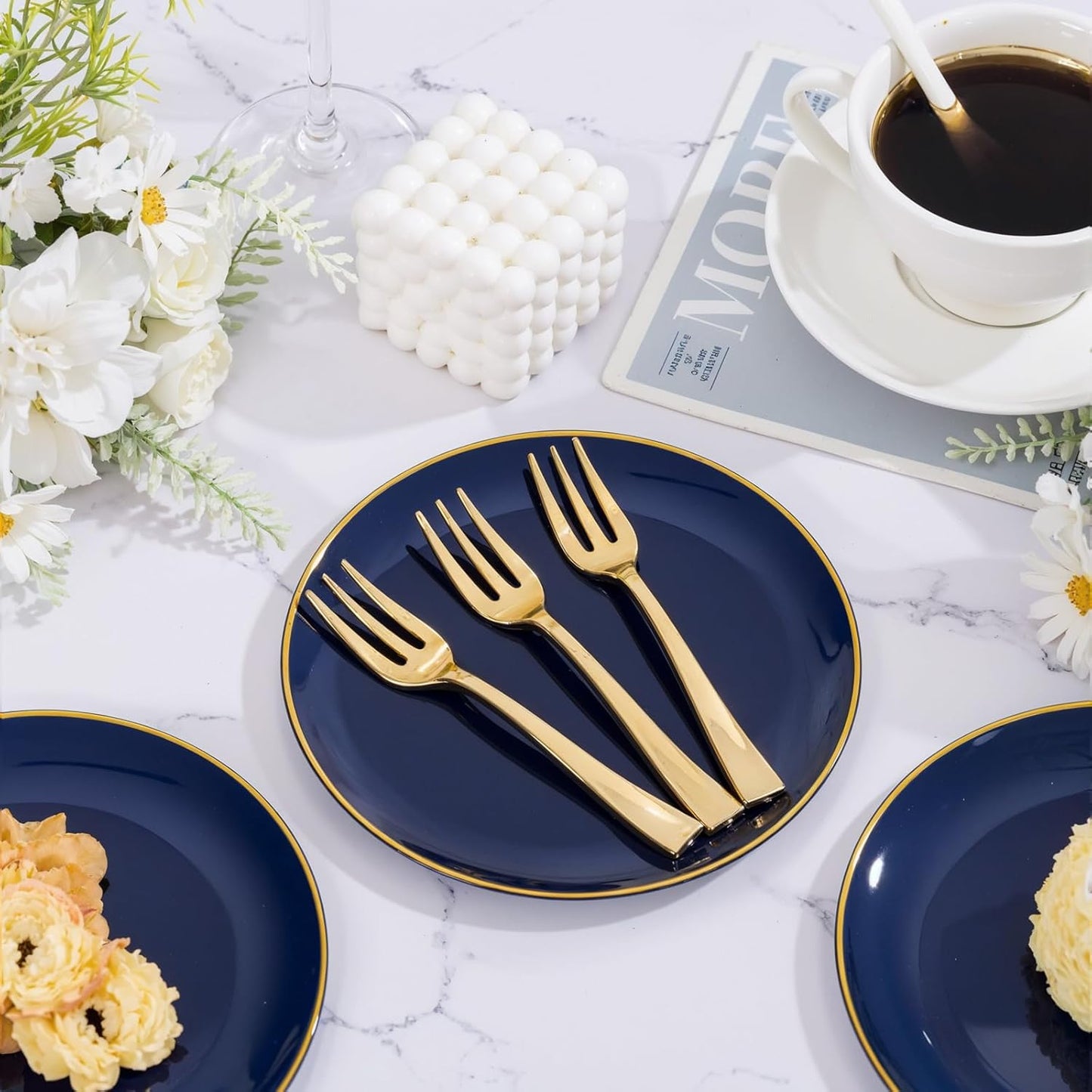 Festiva 400Pcs Navy Blue Gold Dessert Plates 6.3" with Forks 5"- 200PCS Small Disposable Dessert/Cake/Appetizer Plates and 200PCS Forks - Serve 200 Guests for Halloween Party&Birthday &New Year