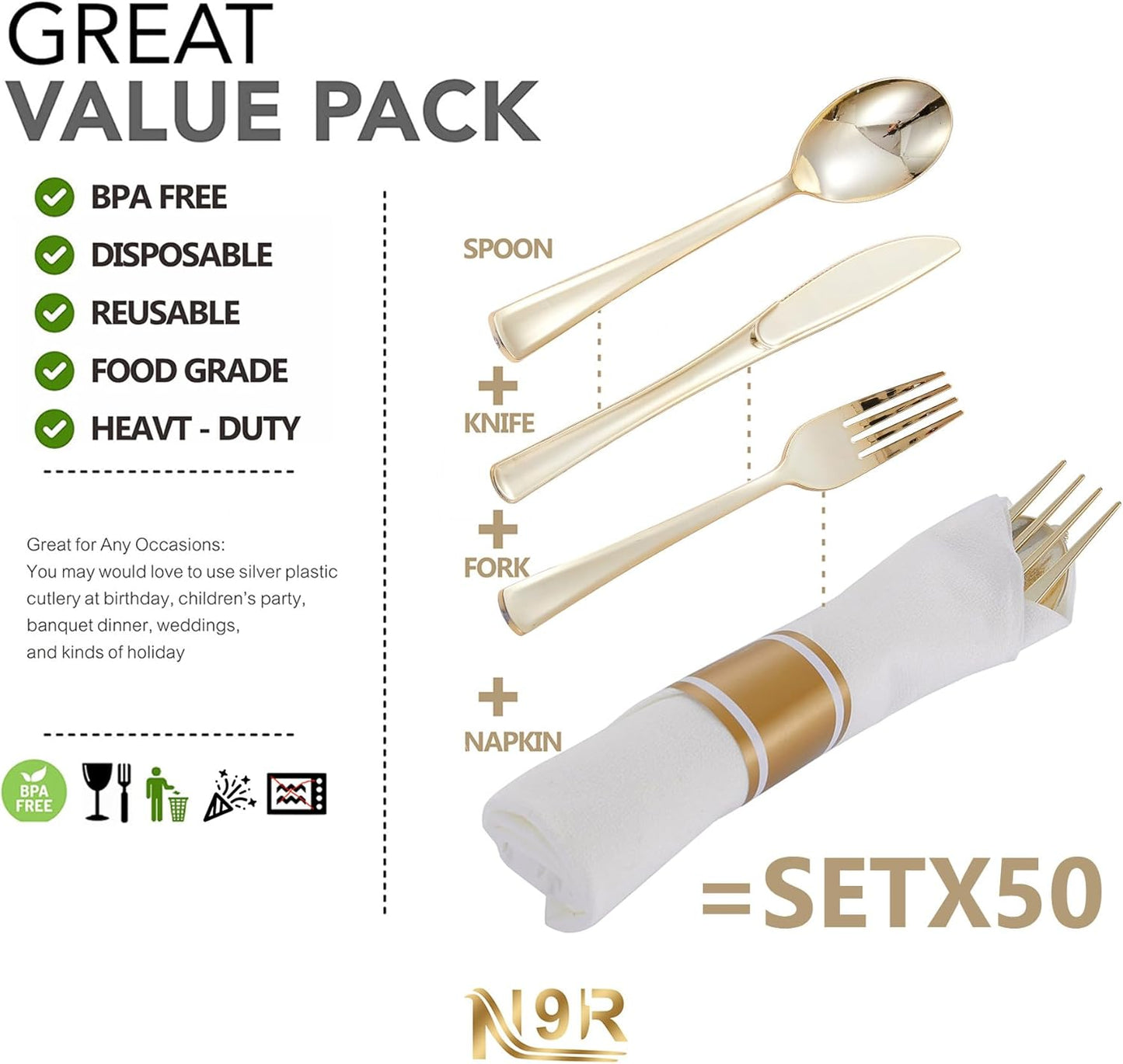 N9R 50 Pack Pre Rolled Gold Plastic Cutlery Set, Wrapped Plastic Silverware Set with 50 Forks, 50 Knives, 50 Spoons and 50 Napkins, Disposable Cutlery Set for Party and Wedding