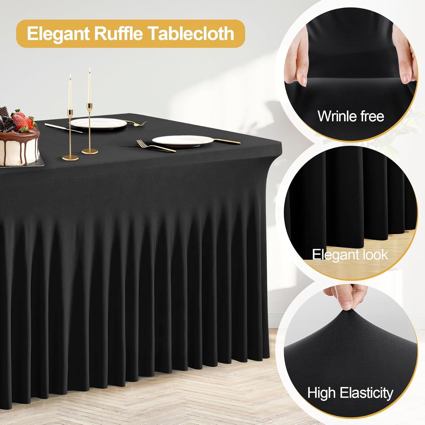 PARTISKY Black Spandex Tablecloth for 8ft Rectangle Tables, Stretchable Table Cover Skirt for Folding Tables Weddings Parties Banquets Events Trade Shows and Dessert Table