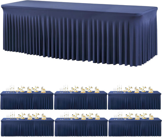6 Pack Spandex Navy Blue Tablecloths for 8 Foot Rectangle Tables, Wrinkle Free Fitted Table Cloths 8ft Stretchy Table Cover Skirt for Parties Weddings Birthday Banquet Baby Shower