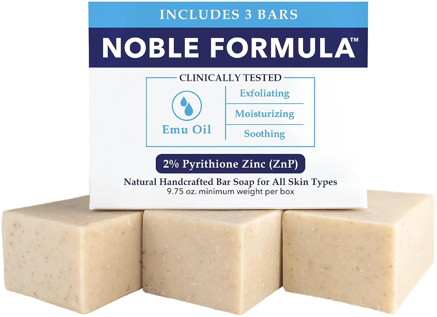 Noble Formula 2% Pyrithione Zinc (ZnP) Emu Oil Bar Soap, Especially Formulated for Acne, Psoriasis, and Eczema, Safe for Daily Use and All Skin Types, 3 Bars in 1 Box, Total 9.75 oz