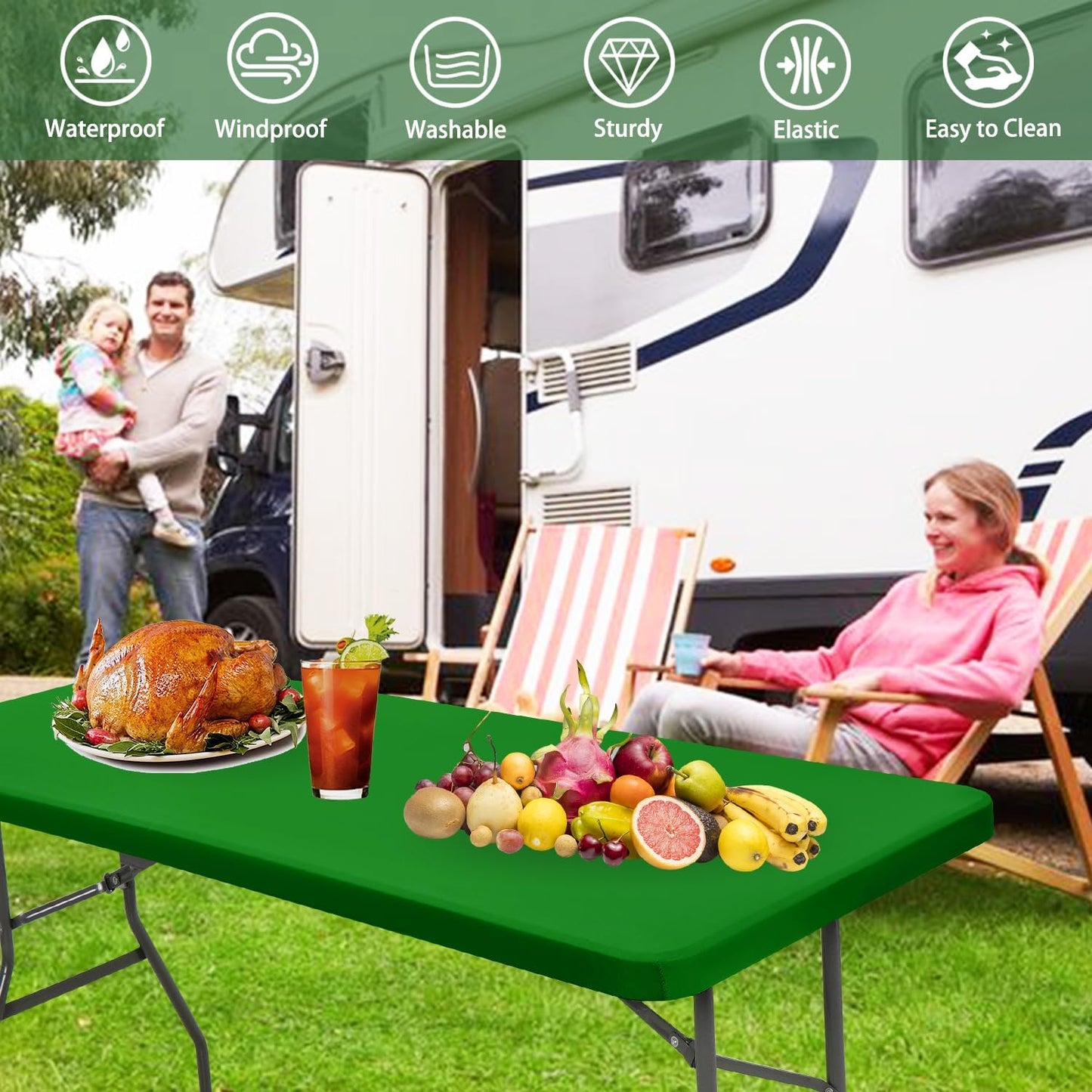 10 Pack Picnic Fitted Table Cover for 8 Foot Tablecloth for Rectangle Tables Waterproof Stretch Washable Folding Indoor and Outdoor Spandex Table Cloth for Camping Banquet Parties (Green,30" x 96")