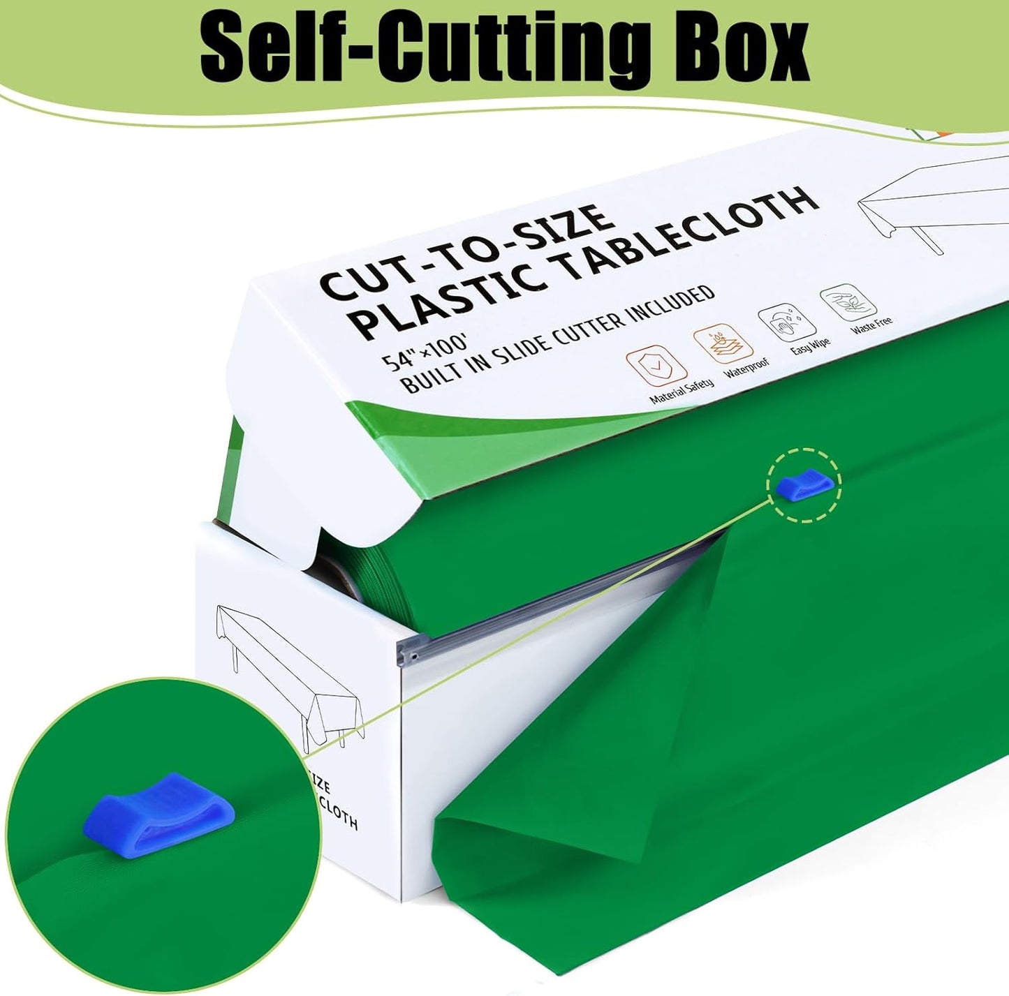 Smiry 54 Inch x 300 Feet Disposable Table Cover Roll, Green Plastic Table Cloth in Cut-to-Size Box with Slide Cutter, Waterproof Rectangle Tablecloths for Weddings, Banquets, Outdoor