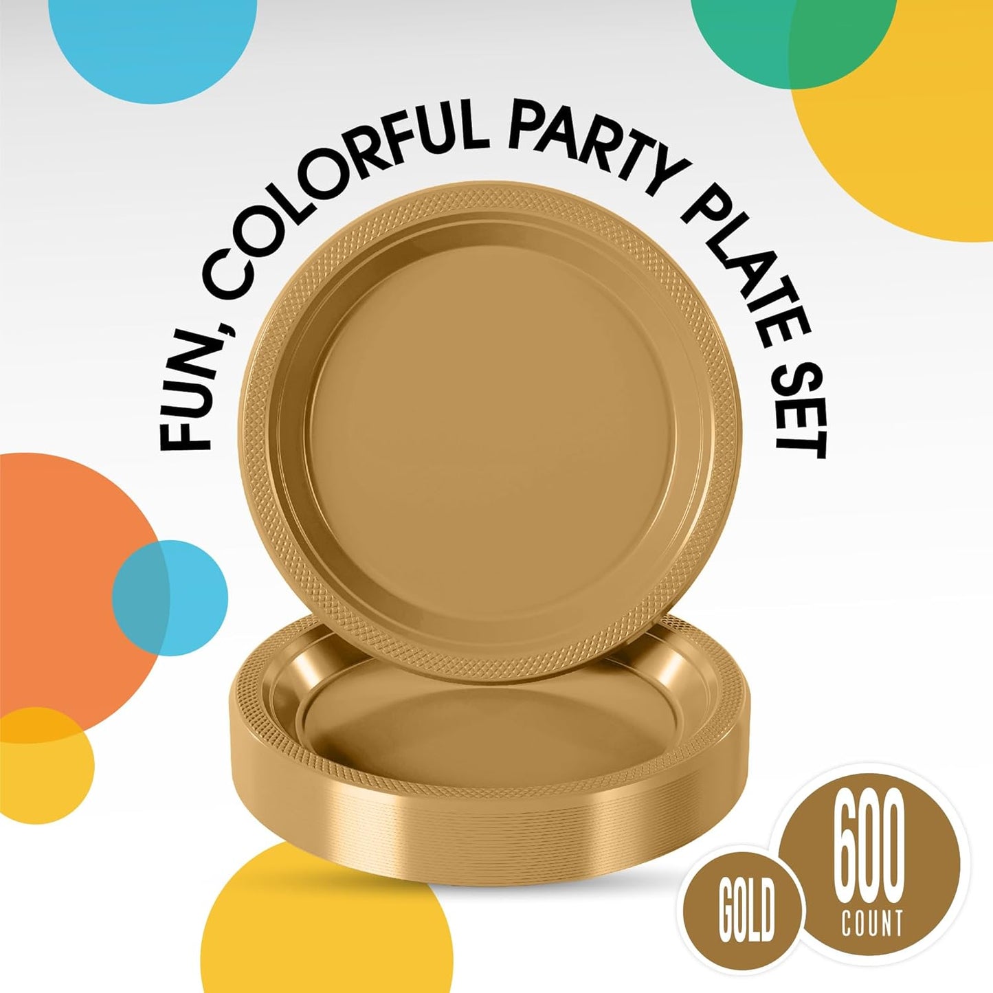 Party Solids Gold Plastic Plates Bulk 10" Gold Disposable Plates For Party Supplies 600 Pieces Disposable Dinner Plate Heavy Duty 350 GSM Plate Sets, Plastic Dinnerware Sets