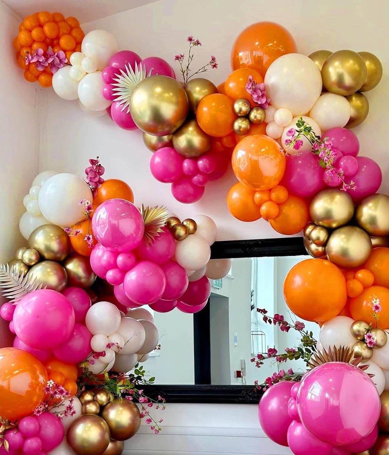 Pink and Orange Balloon Garland Arch Kit, 177Pcs Explosion Star Balloons Hot Pink Orange Metallic Gold and Confetti Balloons for Birthday Wedding Baby Shower Tropical Summer Party Decorations