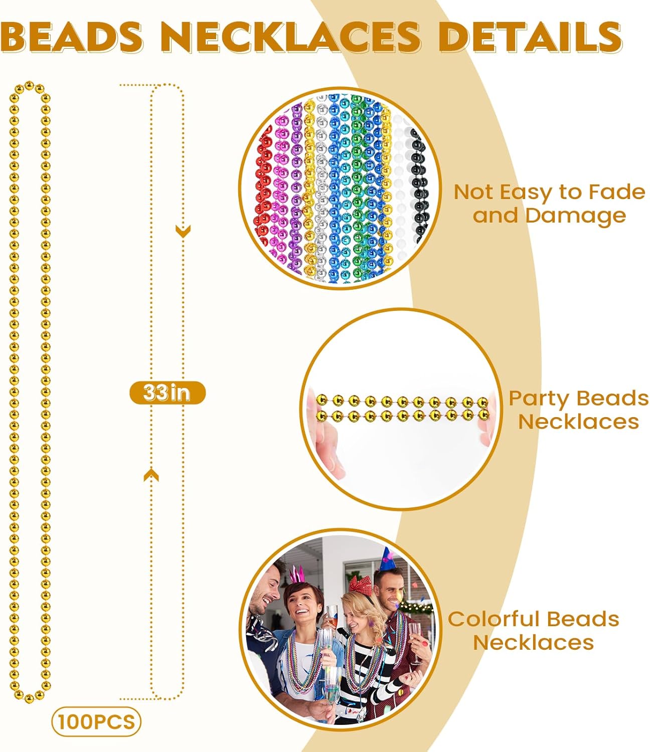 100 PCS Mardi Gras Beads Necklaces, 10 Colors 33 Inch Colorful Bead Necklaces Bulk Party Beads Necklace Round Beaded Necklaces for Mardi Gras, St. Patrick's Day, Christmas, Carnival Party Favor