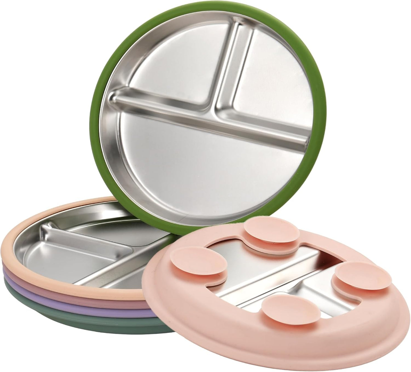 3Pack Stainless Steel Kids Plates, 8.1" Divided Kids Plate with Removable Silicone Suction Sleeves for Baby Highchairs, Non Toxic BPA Free Non-Slip Unbreakable Snack Lunch Plates
