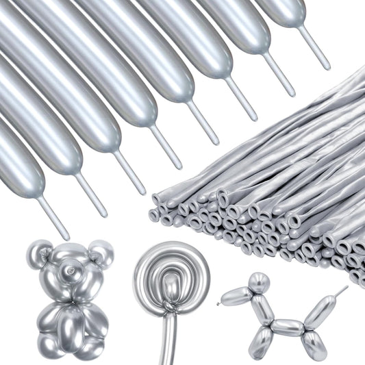 Metallic Silver Long Balloons Premium 260 Twisting Magic Balloons for Birthday Kids Wedding Party Supply 100pcs