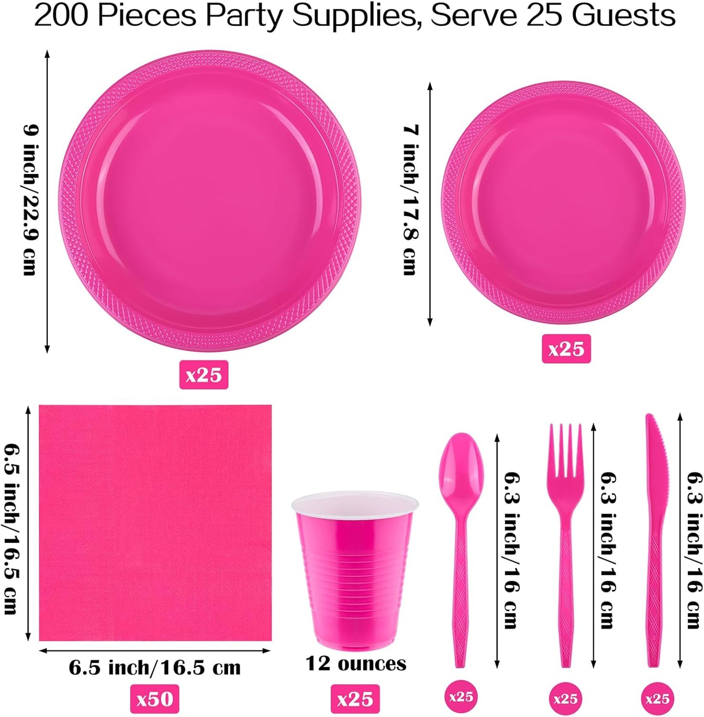 Aodaer 200 Pieces Hot Pink Party Supplies Disposable Dinnerware Set Include Plastic Plates Cups Knives Forks Spoons Paper Napkins for Birthday Wedding Graduation Parties, Serve 25 Guests