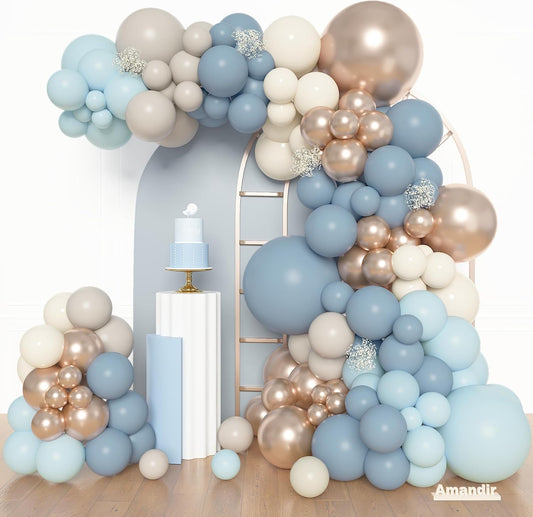 Amandir 153pcs Dusty Blue Balloon Arch Garland Kit, Different Sizes 18 12 10 5 inch White Sand Beige Cream Champagne Fog Baby Blue Balloons for Boy Baby Shower Birthday Bridal Wedding Party Decoration