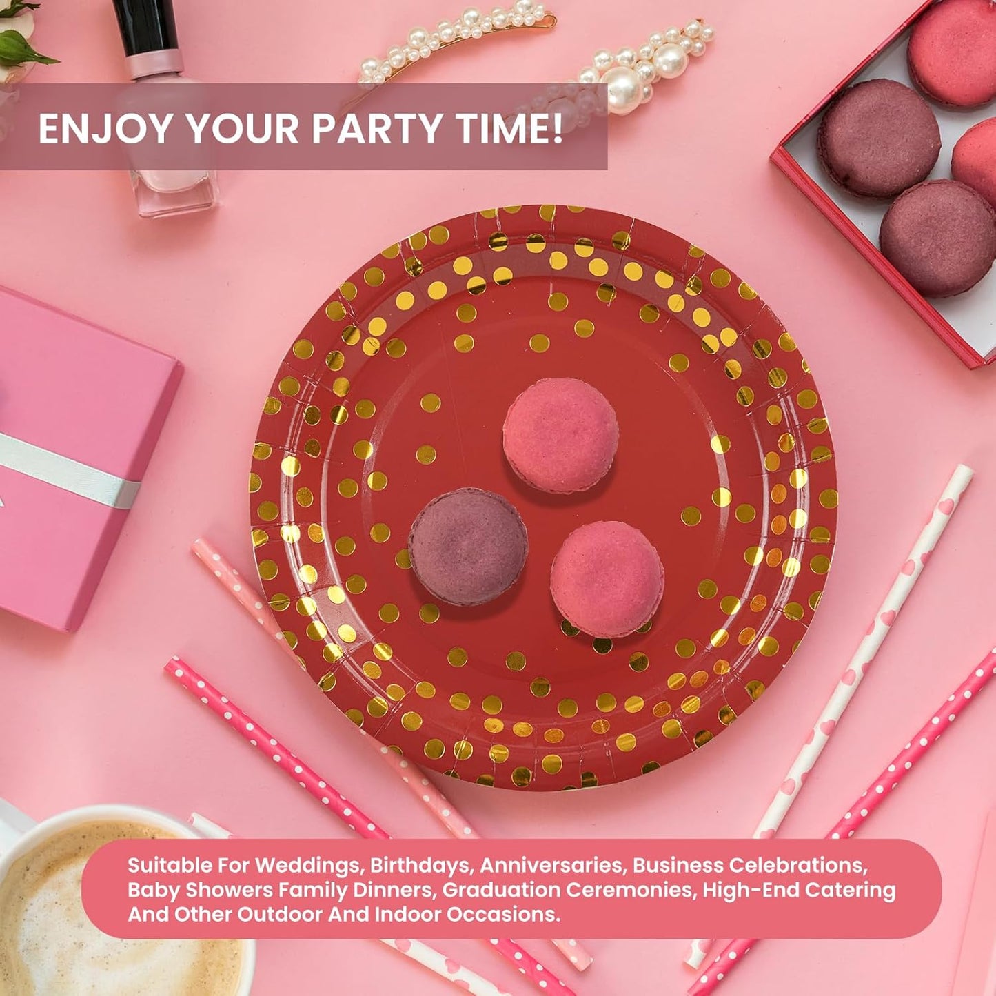 75PCS Paper Plates and Napkins Set - Red and Gold Dot Disposable Party Dinnerware Includes Paper Plates, Napkins, Forks Decorations for Graduations, Birthdays and Weddings, Serves 25