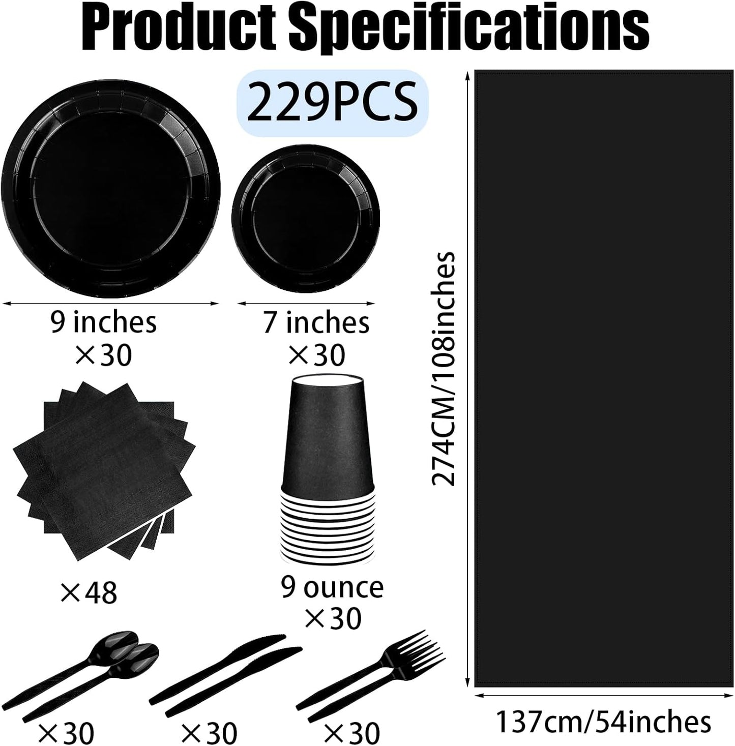 TWOWYHI 229PCS Black Party Supplies Set Paper Disposable Plates Cups Plastic Spoons Forks Knives Black Napkins for 30 Guests Disposable Party Dinnerware Sets for Wedding Birthday Parties