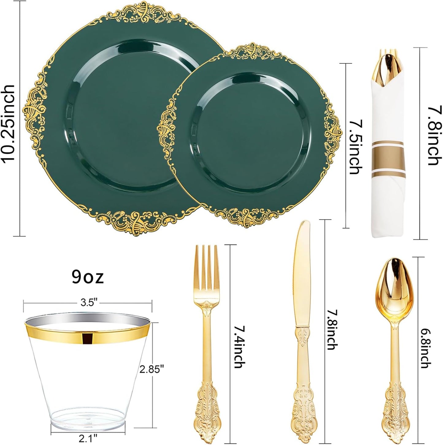 Nervure 175PCS Green Plastic Plates - Disposable Green Gold Party Plates & Pre Rolled Napkins with Cutlery for 25 Guests, 50Plates, 75Silverware, 25Cups, 25Napkin for Wedding & Party