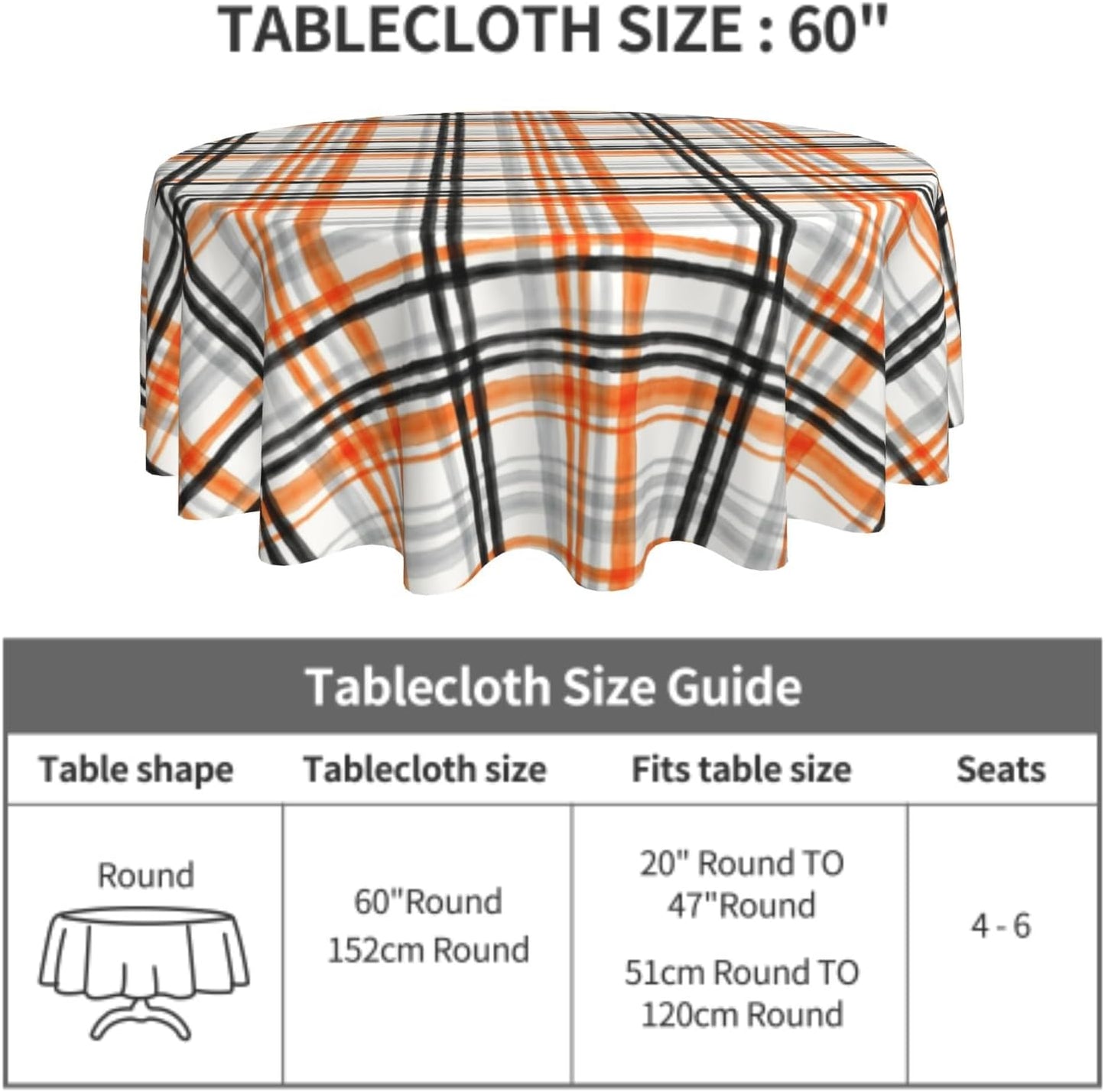 Giwawa 60inch Halloween Checkered Round Tablecloth Orange Black Grey Buffalo Plaids Circle Table Cover Stain Heat Resistant Washable Table Cloth for Kitchen Dining Picnic Party Holiday Decor
