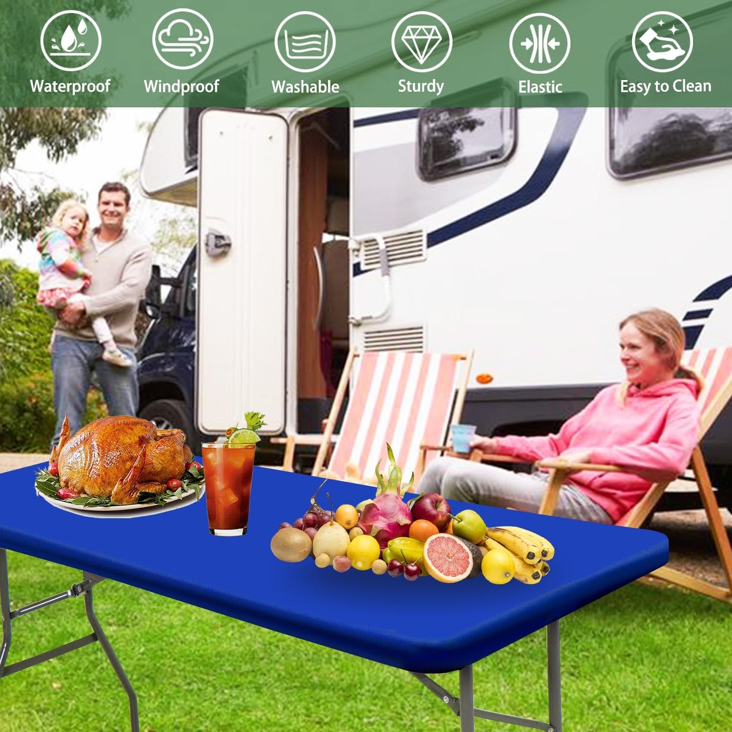 Picnic Table Cover 10 Pack Elastic Fitted Tablecloths for 6 Foot Rectangle Tables Waterproof Stretch Washable Patio Folding Outdoor Spandex Table Cloth Camping Banquet Parties (Royal Blue,30" x 72")