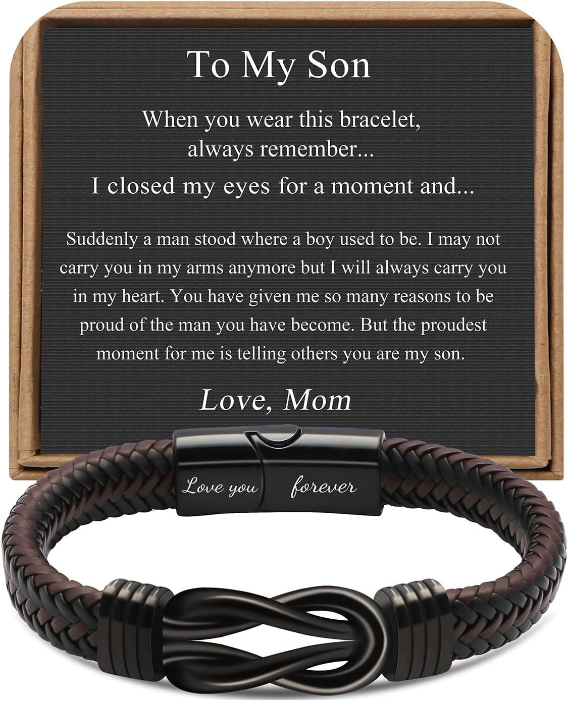 𝗞𝗻𝗼𝘁 𝗕𝗿𝗮𝗰𝗲𝗹𝗲𝘁 𝗚𝗶𝗳𝘁𝘀 𝗳𝗼𝗿 𝗠𝗲𝗻 Brown Braided Leather Stainless Steel Infinity Bracelets Lettering Love You Forever Gifts for Son Grandson Husband Boyfriend Brother Always Linked Together