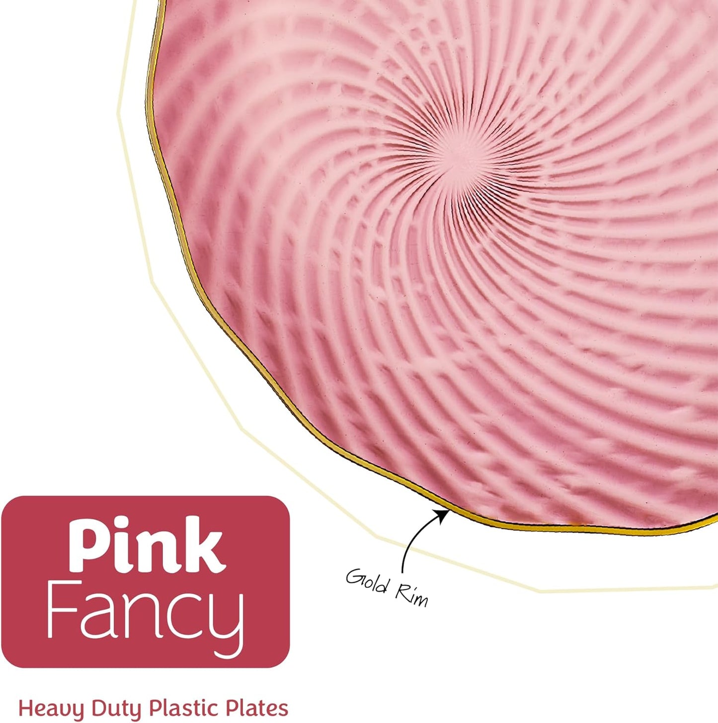 PLASTICPRO 120 Pack Plastic Plates Set of 60-10 inch Plates and 60-7 inch Plates, Elegant Clear Pink Spiral and Gold Rim Disposable Fancy Plates Premium Heavyweight