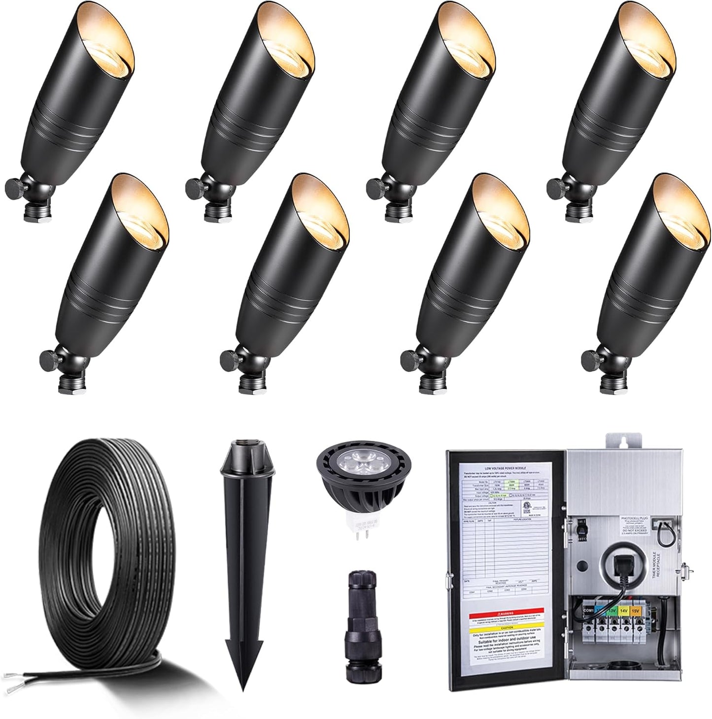 Gardenreet Black Brass Low Voltage Landscape Spotlights(8-Pack) Kit 12V LED with 150W Low Voltage Transformer & Mechanical Timer & 100FT Wire & 40Pack Connectors for Outdoor House Garden Patio