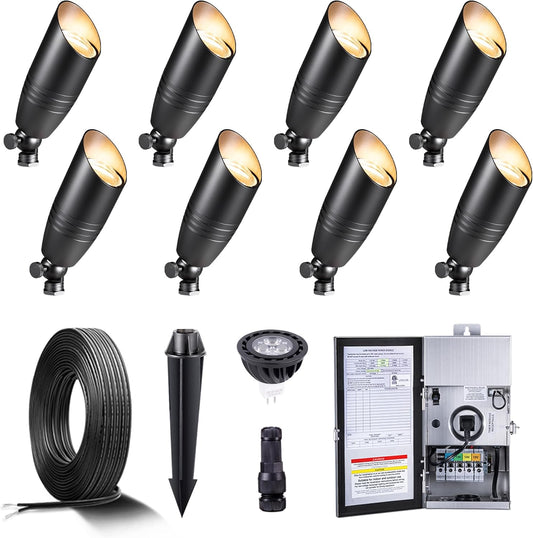 Gardenreet Black Brass Low Voltage Landscape Spotlights(8-Pack) Kit 12V LED with 150W Low Voltage Transformer & Mechanical Timer & 100FT Wire & 40Pack Connectors for Outdoor House Garden Patio