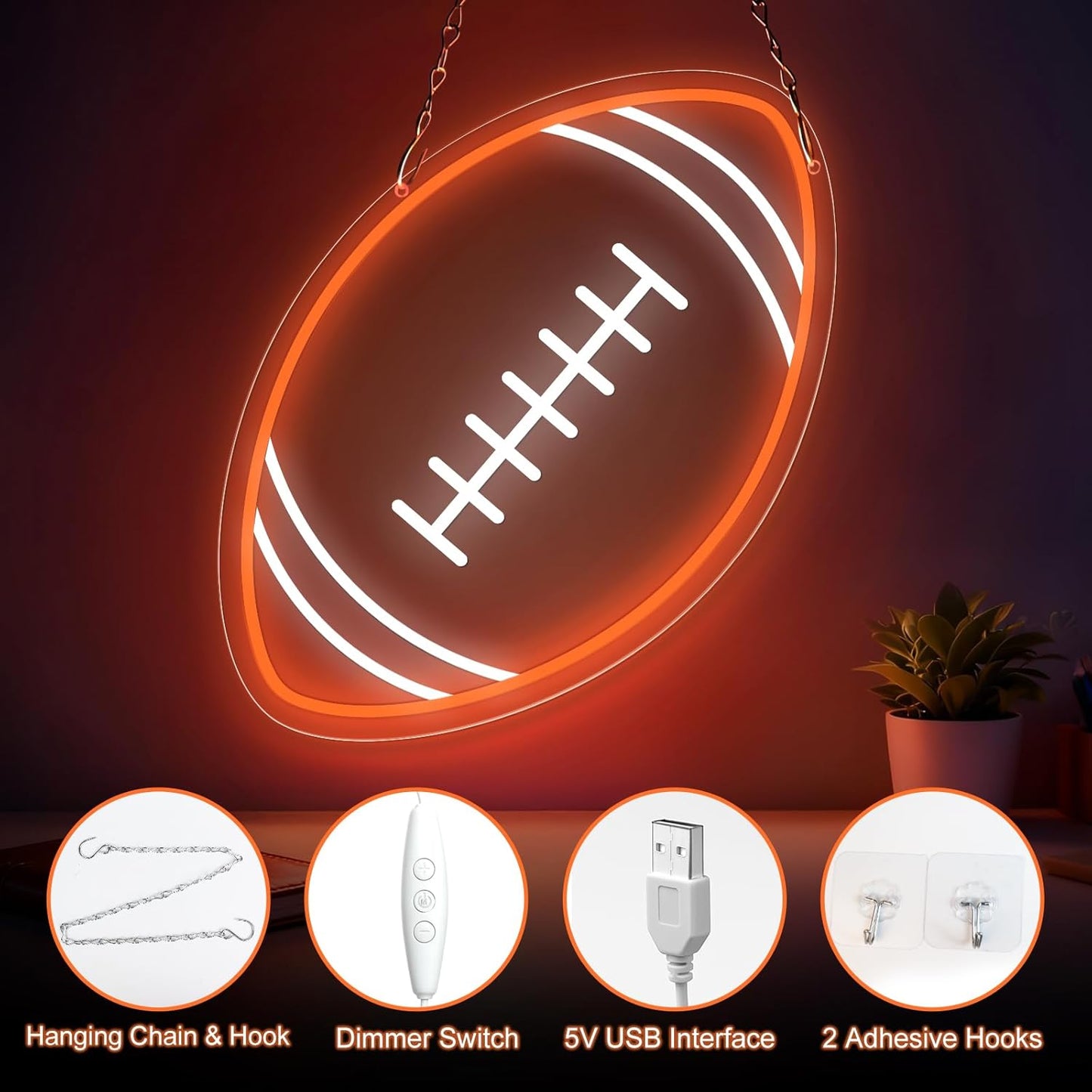 Football Neon Sign for Wall Decor, Football LED Signs for Teens, Dimmable USB-Powered Rugby Light with ON/OFF Switch for Kids, Man Cave, Boys' & Game Rooms, Gift for Rugby Fans