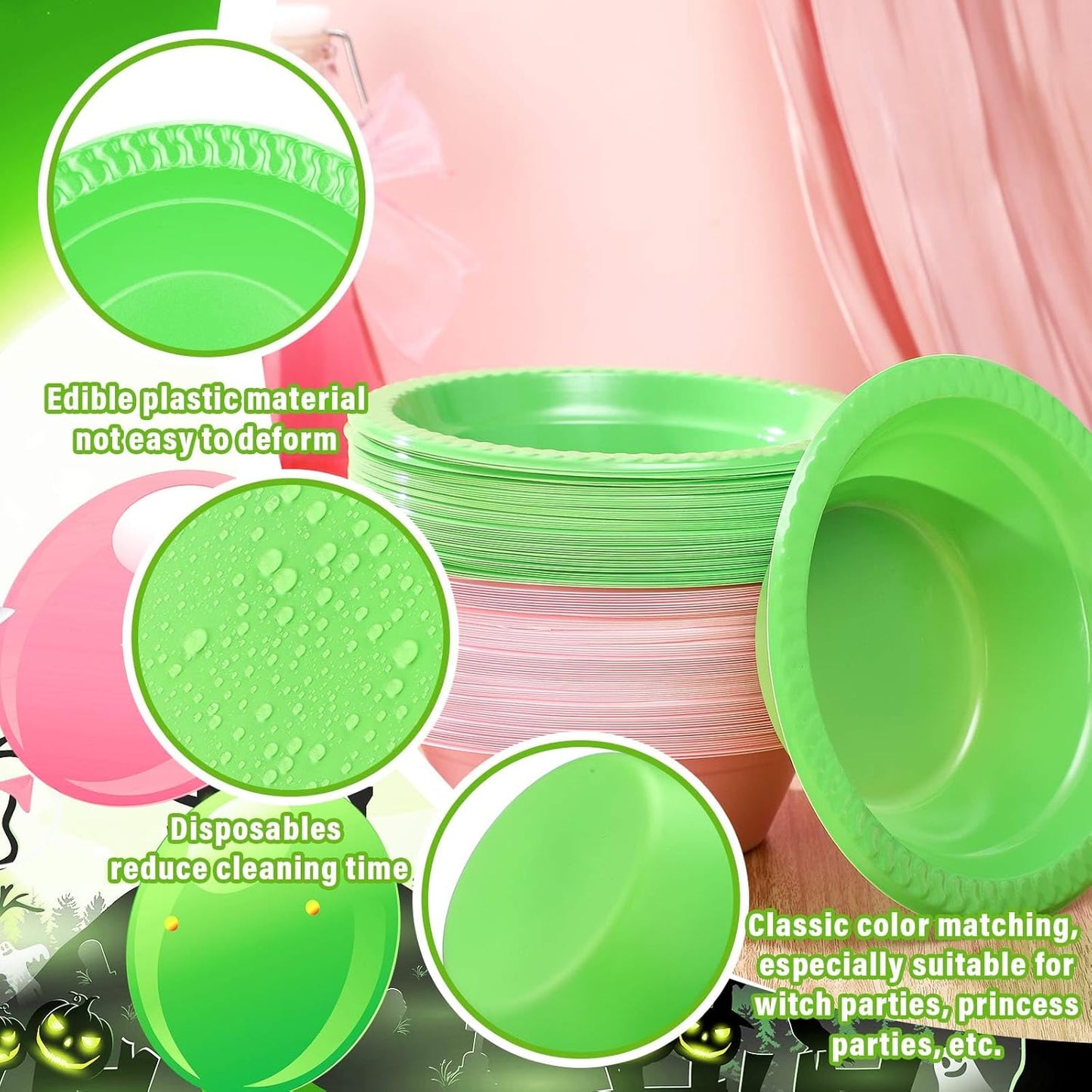 Layhit 100 Pcs Halloween Plastic Bowls 12 oz Disposable Salad Pink Green Plastic Serving Halloween Party Supplies Candy Snack Bowls for Party Picnic