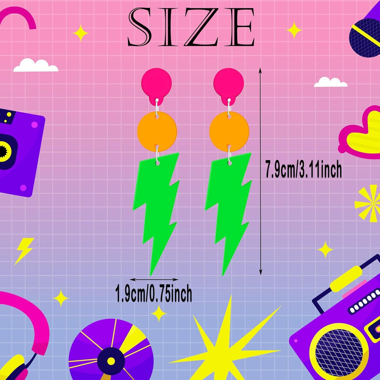 80s 90s Neon Earrings for Women Retro Cassette Tape Hoop Earring Candy Color Lightweight Acrylic Stud Dangle Earrings for 80S Costume Outfits Dancing Glow Party Accessories