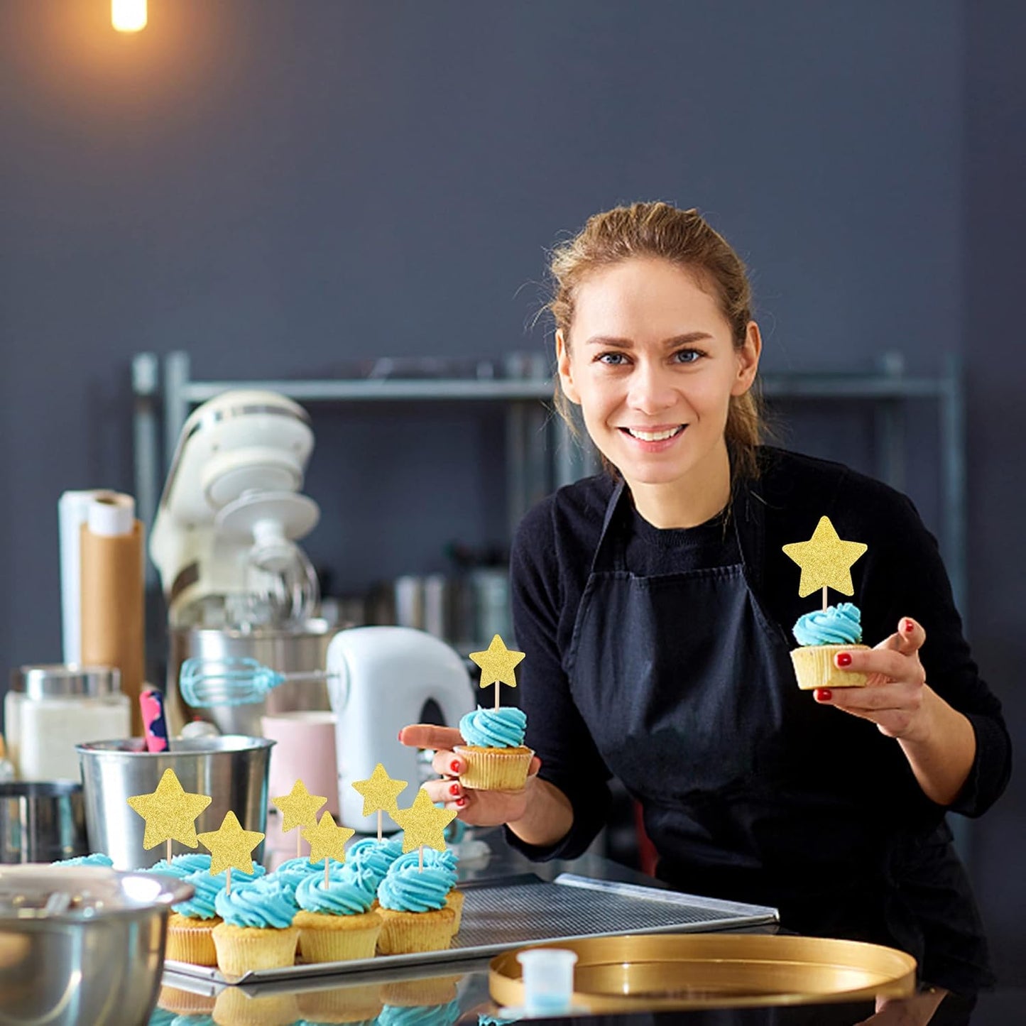 30 PCS Star Cupcake Toppers Glitter Assembled Twinkle Star Cupcake Picks Wedding Engagement Bridal Shower Birthday Party Cake Decorations Supplies Mixed Size Gold