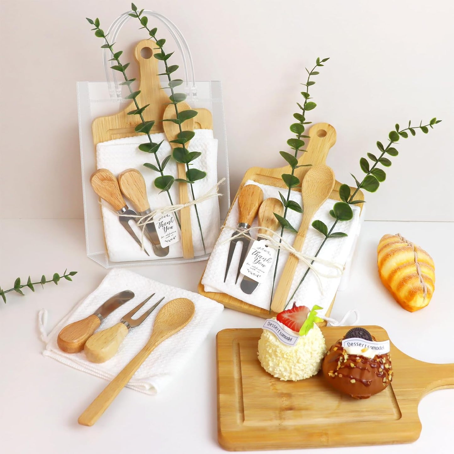 56pcs Baby Shower Prizes for Game Winners Adults, 6 Sets Bridal Shower Prizes for Guests Include Bamboo Cheese Board Spoon Butter Spreaders Fork Towel Roll Ribbon