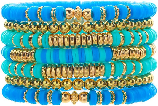 Friendship Bracelets for Women - Heishi Surfer Colorful Smile Evil Eye Clay Beaded Stretch Bracelets Elastic Layering - Stackable Boho Disc Y2K Aesthetic Summer Jewelry Set.