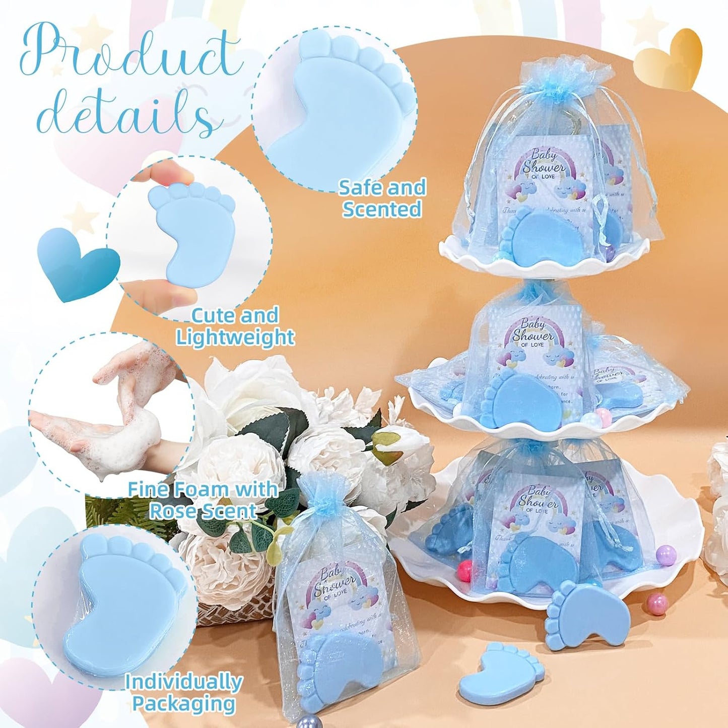 50 Sets Baby Shower Favors Refreshing Foot Soap Perfect Baby Shower Favors for Guests, Gifts, and Prizes with Organza Bags Thanks Cards (Blue)