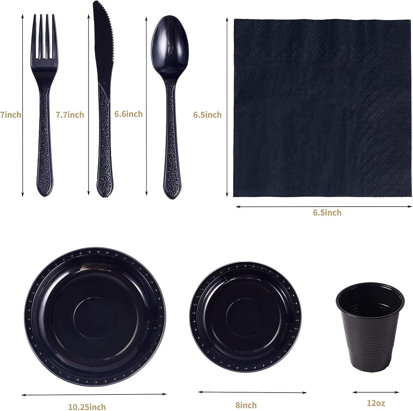 175 PCS Black Party Supplies Disposable Dinnerware Set Plastic Plates and Paper Napkins Cups Silverware Serve 25 Sets for Birthday Bridal Shower Wedding Engagement Graduation Parties
