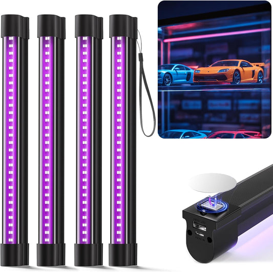 Bstrip Battery Powered Black Light, 11.8inch, Rechargeable Blacklight, Cordless 395nm Light Glow Party, Halloween, Body Painting, 4 Packs