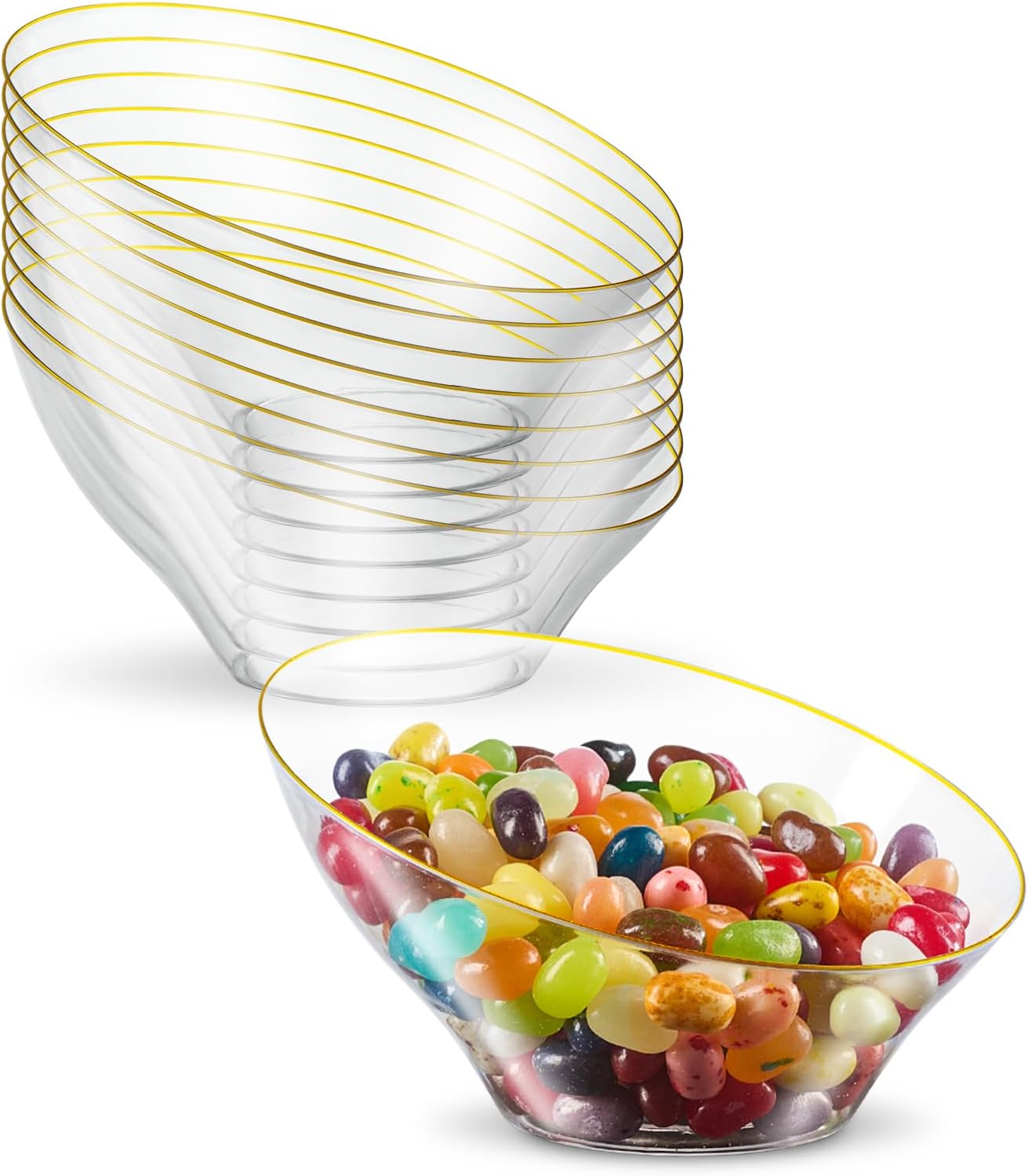 PLASTICPRO Angled Plastic Bowls Disposable Small Plastic Clear Serving Bowls with Gold Rim for Party for Appetizer Salads Pack of 8