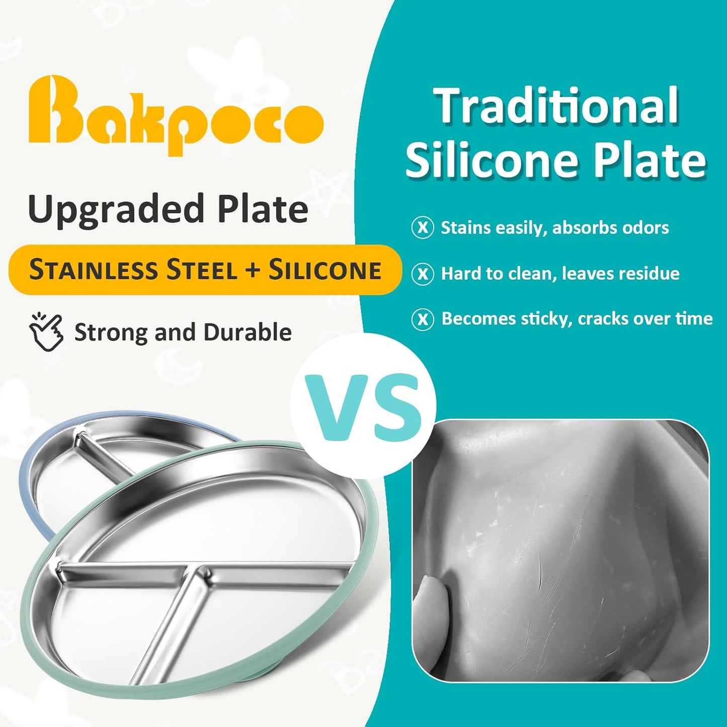 Stainless Steel Toddler Plate with Suction, 9” Divided Plates with Removable Silicone Sleeves for Kids, Non Toxic & BPA Free | Non Slip | Unbreakable Baby Snack Dishes Set of 2, Blue & Sage