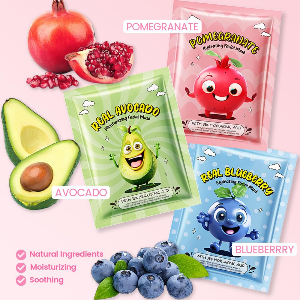 Kaely 6 Pack Fruit Face Masks for Kids, Kids Face Mask Spa Day Kit Supplies, Spa Party Favors for Teens Girls Women, Sheet Facial Mask Skincare Gifts Set, Moisturize Soothe for All Skin Types, 03