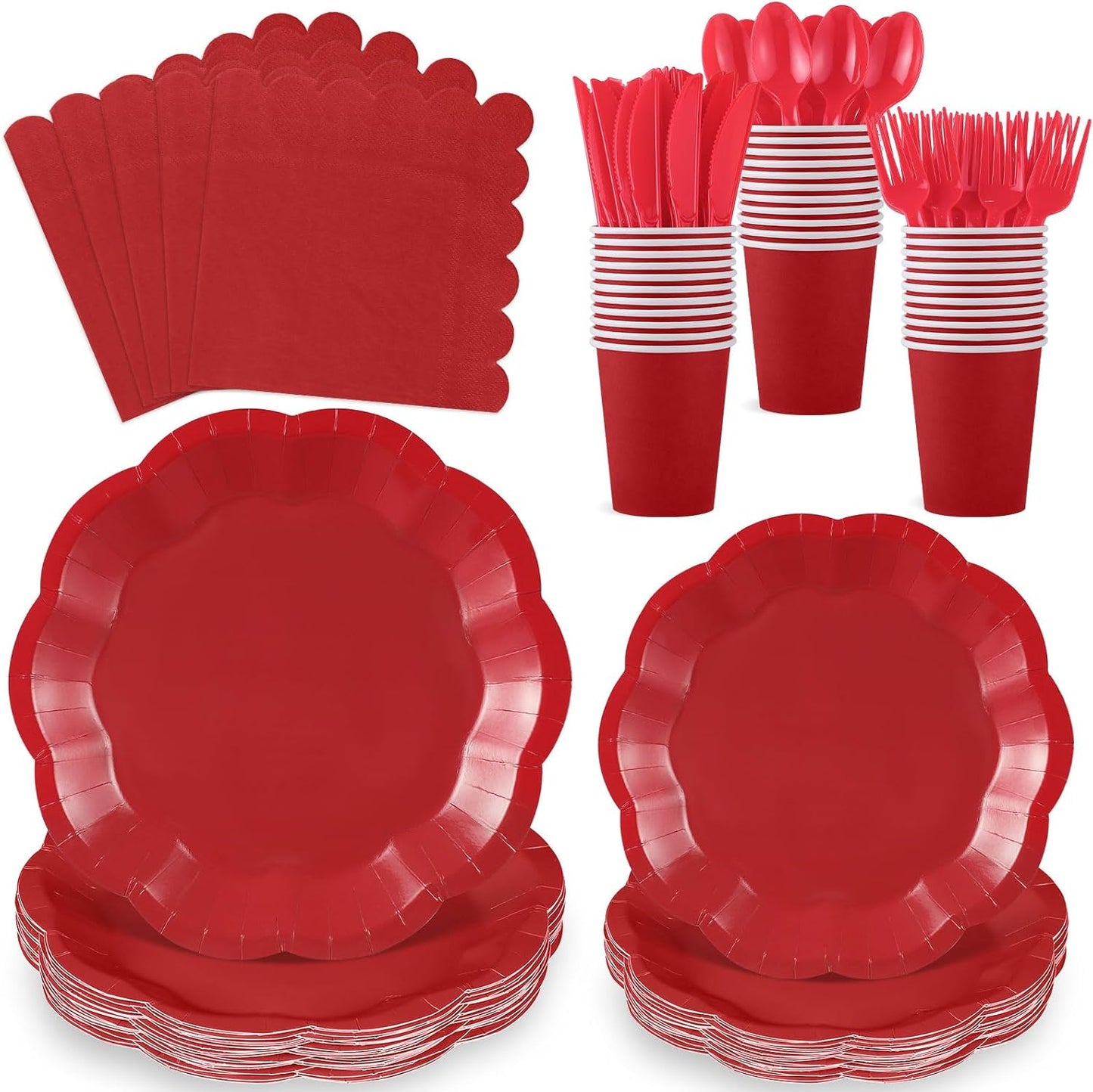 175 Pcs Christmas Red Plates and Napkins Set, 25 Guest Red Party Supplies Include Scalloped Plate Paper Napkin Cup Fork Knives Disposable Plastic Cutlery for Christmas Wedding Holiday Birthday Party