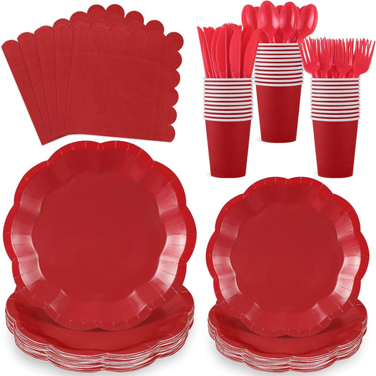 175 Pcs Christmas Red Plates and Napkins Set, 25 Guest Red Party Supplies Include Scalloped Plate Paper Napkin Cup Fork Knives Disposable Plastic Cutlery for Christmas Wedding Holiday Birthday Party