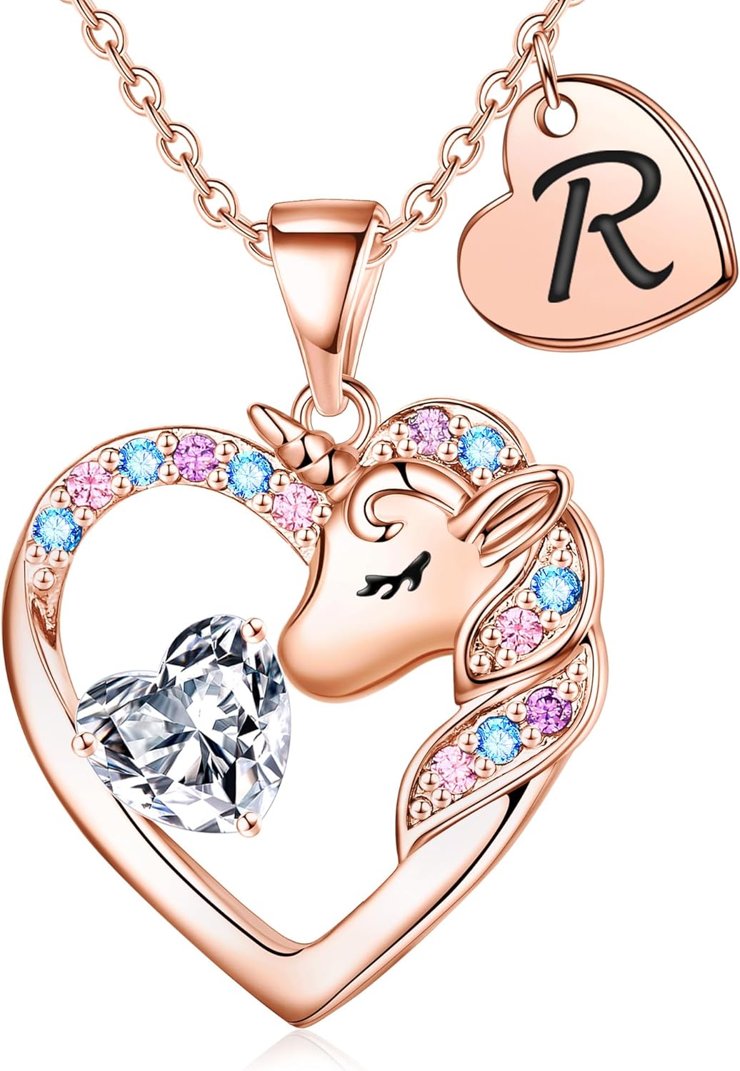 Christmas Gifts for Grandkids Kids - Colorful CZ Heart Initial Unicorn Necklace for Girls Jewelry Unicorn Birthday Gifts for Girls Stocking Stuffers for Kids