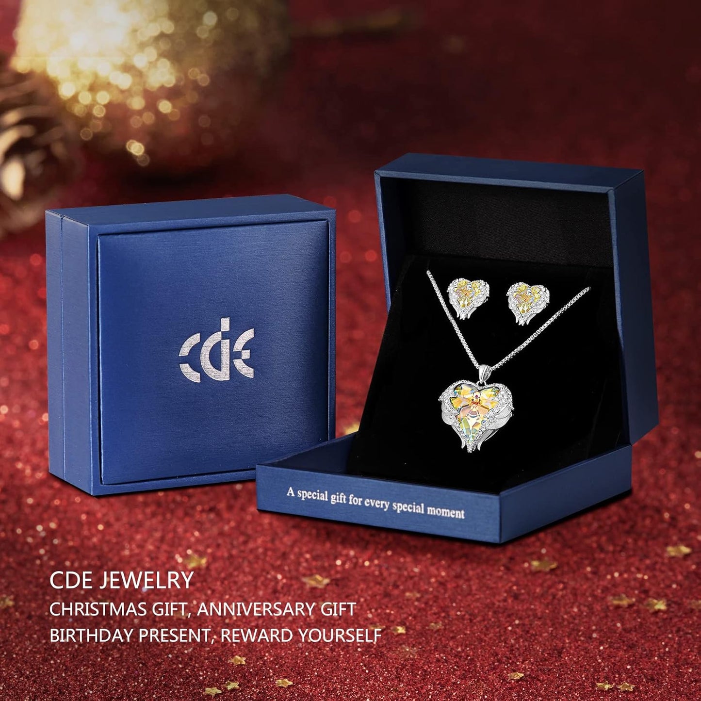 CDE Mothers Day Jewelry Set for Women, Angle Wing Heart Pendant Necklaces and Earrings with Birthstone， Birthday/Anniversary Christmas Jewelry Gift for Women Wife Her