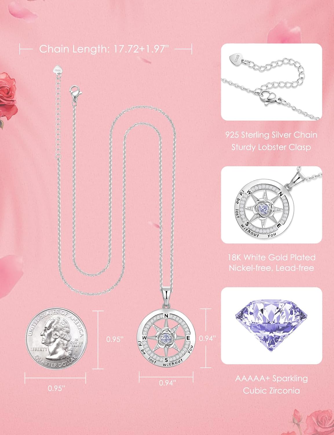 Silver Compass Necklace for Women Birthday Gifts for Wife Anniversary Necklace for Women Rose Flower Birthstone Necklaces for Wife Jewelry for Womens Girlfriend Mom Daughter